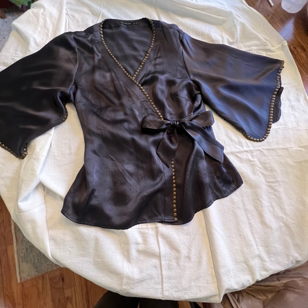 The Limited Black Bell Sleeve Wrap Blouse 100% silk